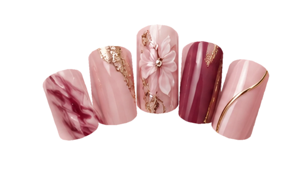 Pink nail set with burgundy marble, gold detailing and a dimensional white flower