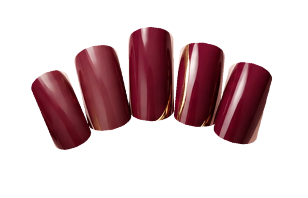Five glossy merlot manicure nails with subtle gold-line accents and delicate dried flowers