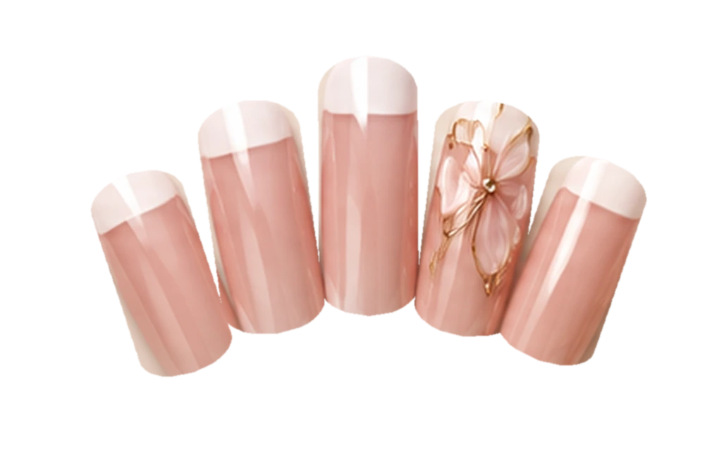 Five nude pink sculpted acrylic nails with white French tips and one raised floral design