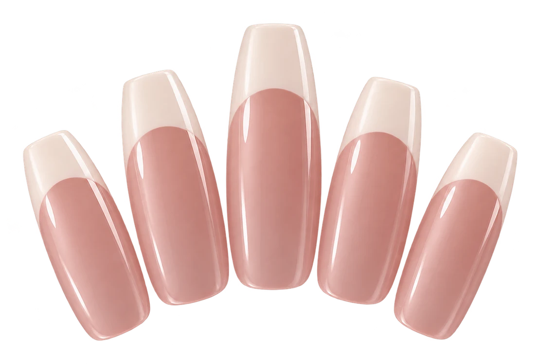 Five long sculpted French-tip acrylic nails