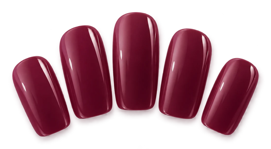 Five glossy deep plum gel manicure nail tips